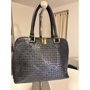 Ganson Woven Leather Satchel Handbag Black Gold Hardware Vintage Intrecciato